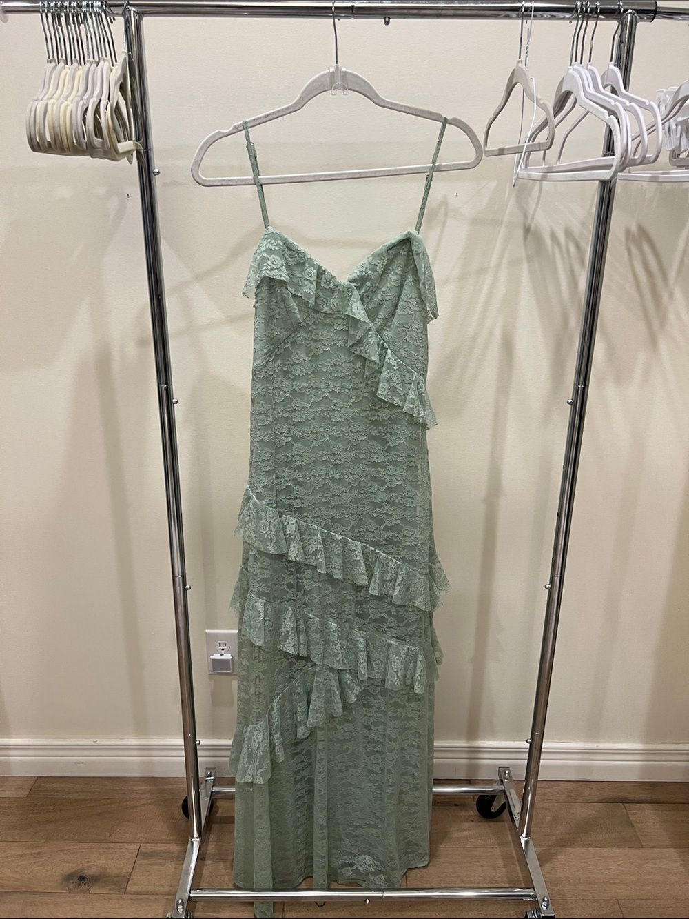 Spaghetti Strap Ruffle Lace Maxi Dress in Sage Green